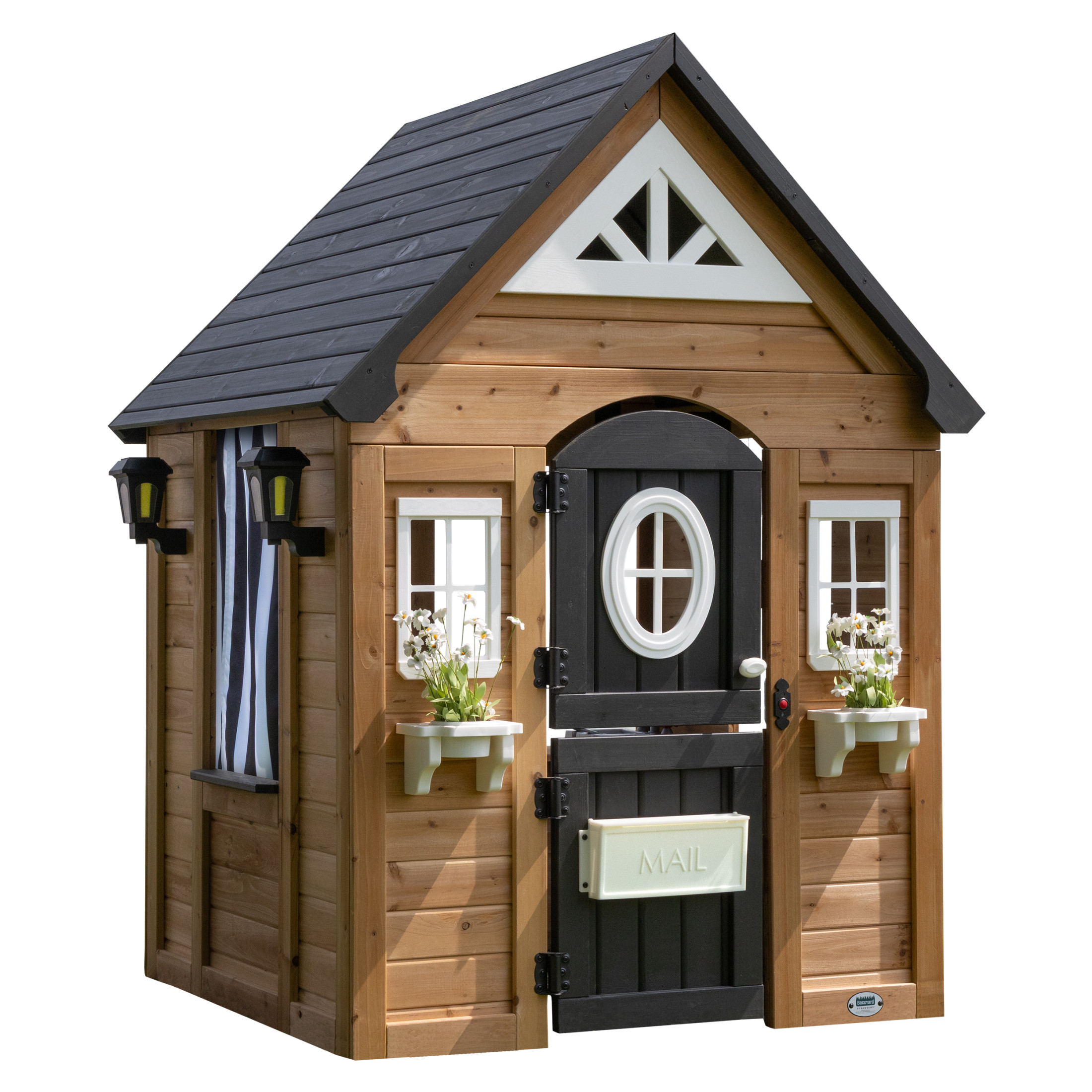 Backyard Discovery Mystic cedar playhouse with black door on a white background